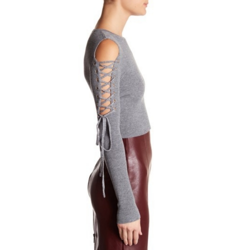 Do + Be Cold Shoulder Lace-Up Sleeve Ribbed Knit Crop Top - Picture 2 of 3